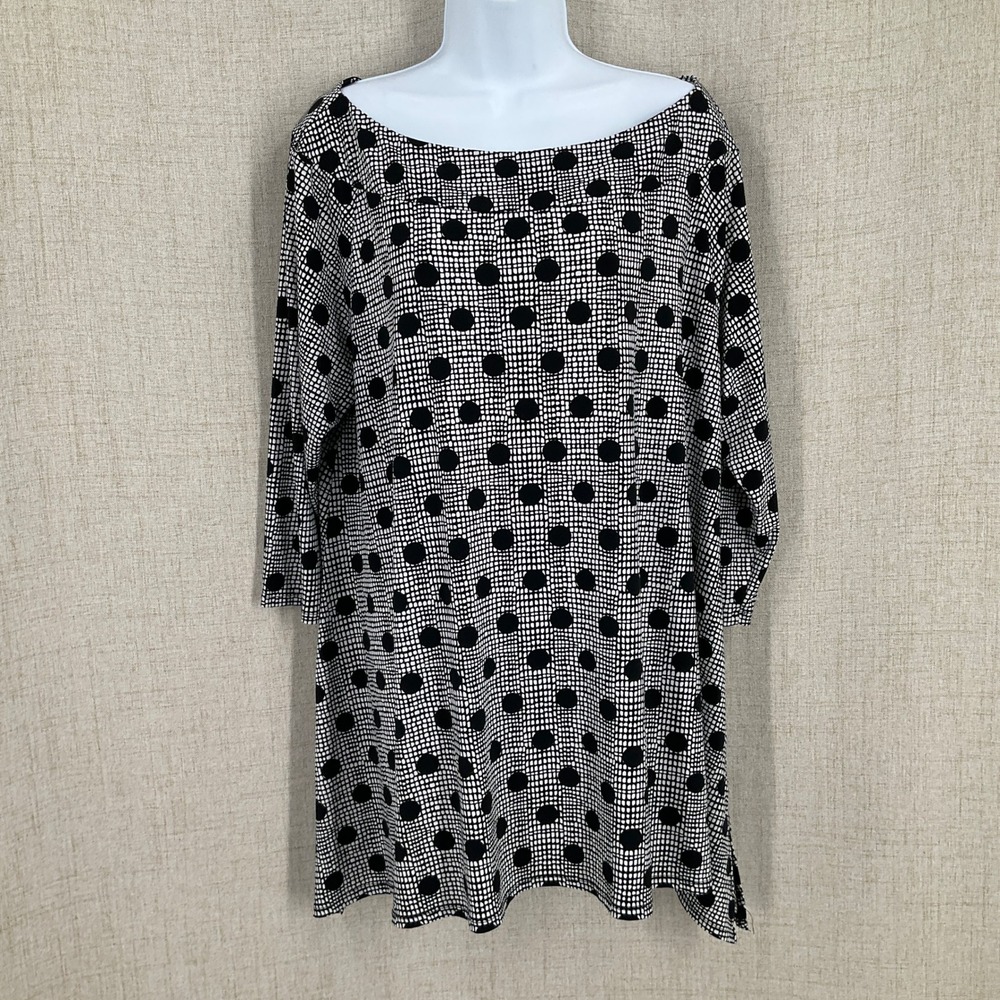 Chico's Tunic Top Women 3 XL Black White Polka Dot Grid Boat Neck 3/4 Sleeve